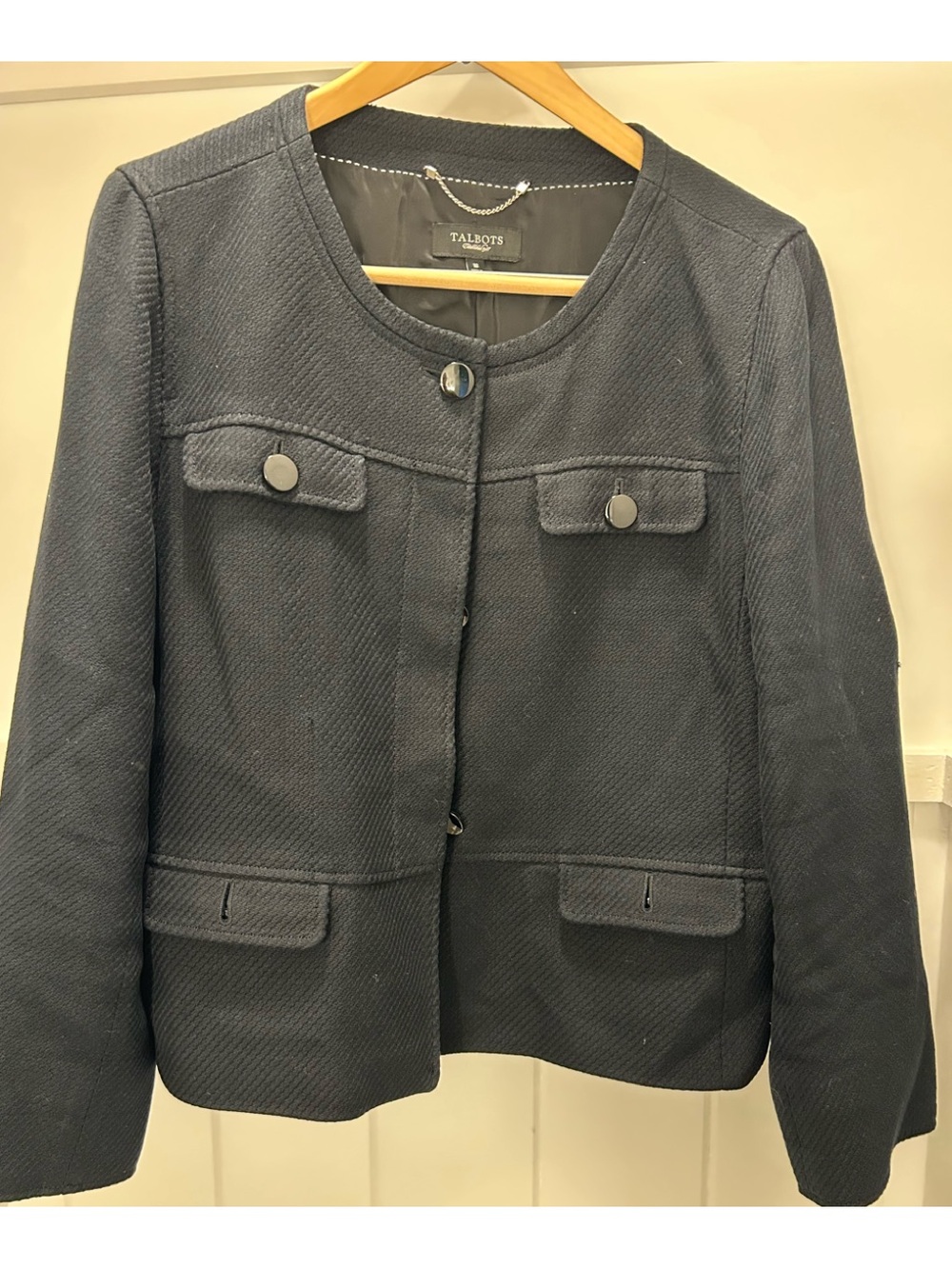 Talbots Navy Textured Collarless Blazer